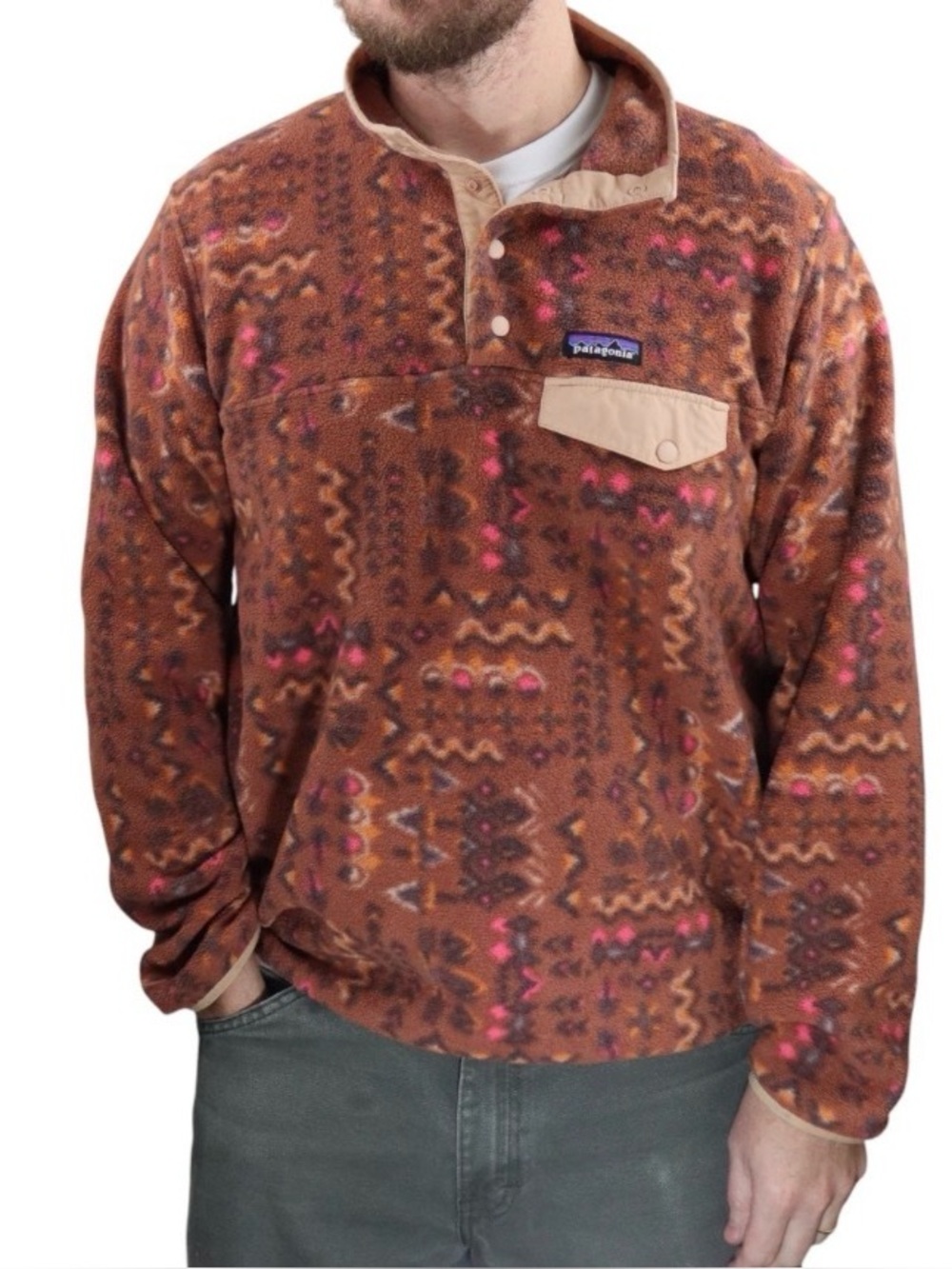 Patagonia Brown and Pink Patterned Fleece Snap Pullover